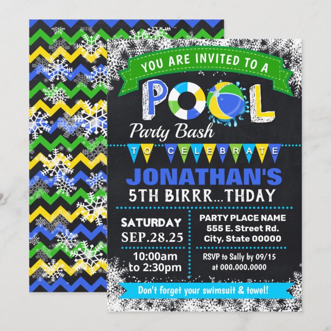 Winter Blue Bassäng födelsedagsfest bash Inbjudningar (Fram/baksida)