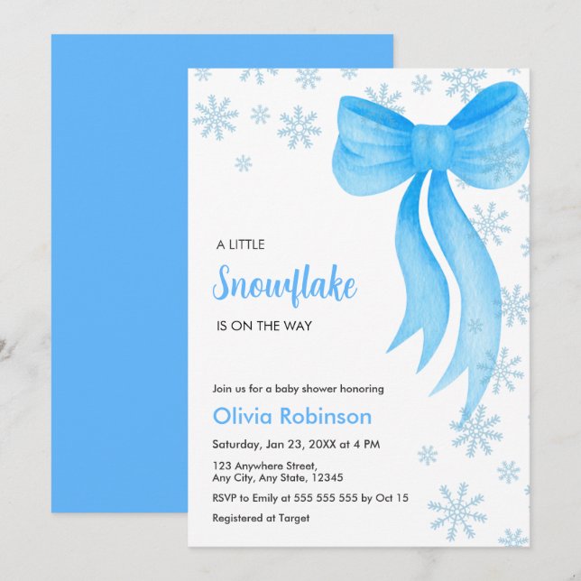 Winter Blue Bow A Little Snowflake Baby Shower Inbjudningar (Fram/baksida)
