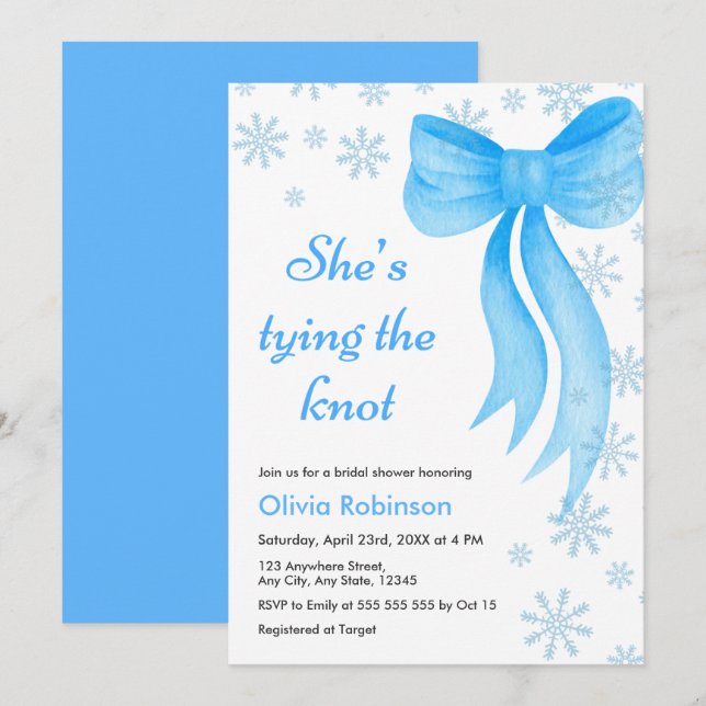 Winter Blue Bow Snowflakes Bridal Shower Inbjudningar (Fram/baksida)