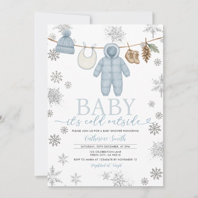 Winter Blue Boy Baby Det är Kallet utanför babyska Inbjudningar (Framsida)