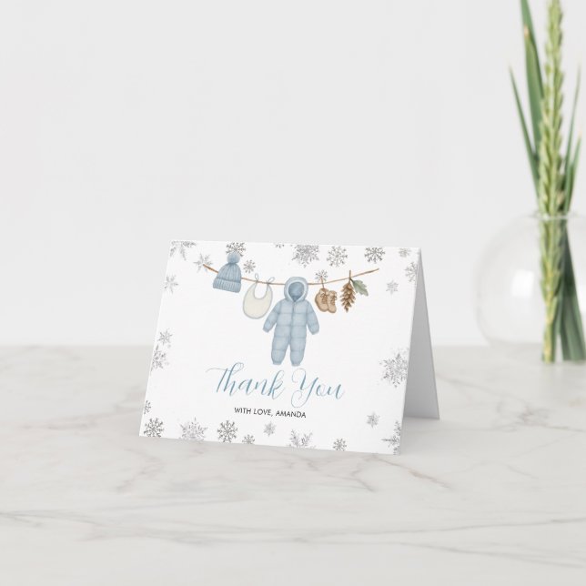 Winter Blue Boy Baby Shower Snowflakes Thank You Tack Kort (Framsida)
