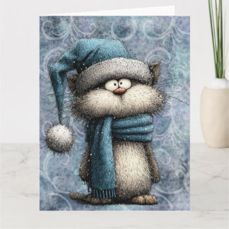 Winter Blue Christmas Cat With Hat And Scarf Kort