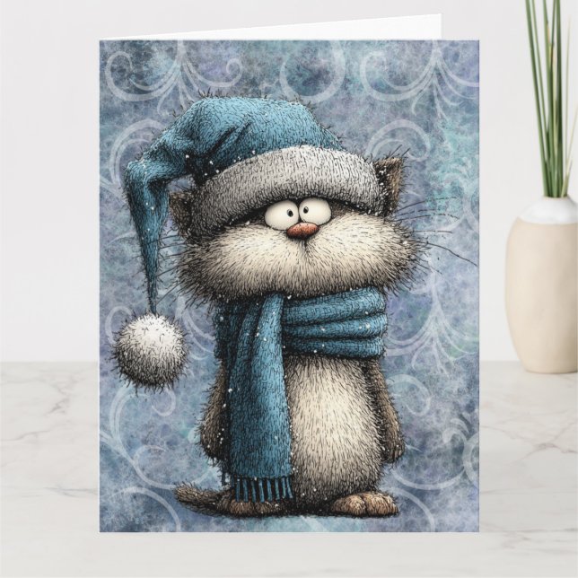 Winter Blue Christmas Cat With Hat And Scarf Kort (Framsida)
