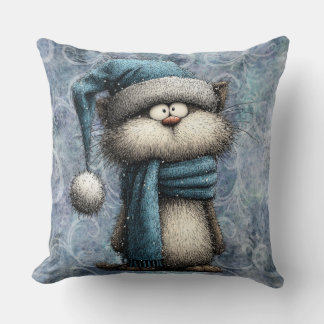 Winter Blue Christmas Cat With Hat And Scarf Kudde
