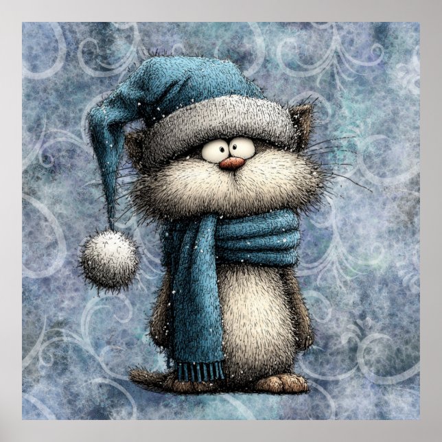 Winter Blue Christmas Cat With Hat And Scarf Poster (Framsidan)
