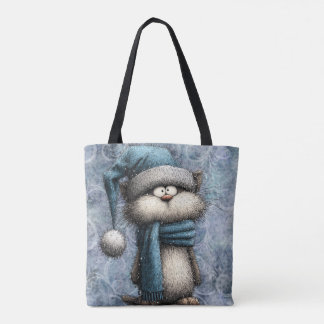 Winter Blue Christmas Cat With Hat And Scarf Tygkasse