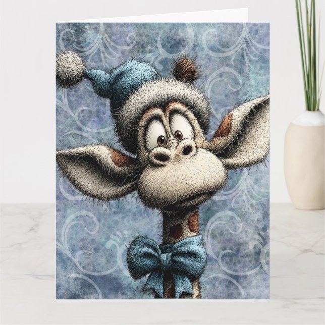 Winter Blue Christmas Cute Giraffe With Hat Kort (Framsida)