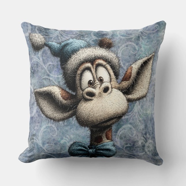 Winter Blue Christmas Cute Giraffe With Hat Kudde (Framsida)