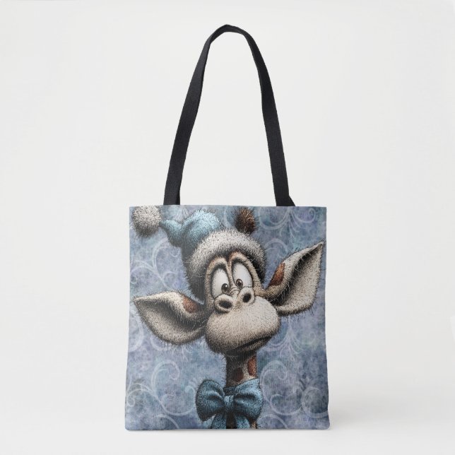 Winter Blue Christmas Cute Giraffe With Hat Tygkasse (Framsida)