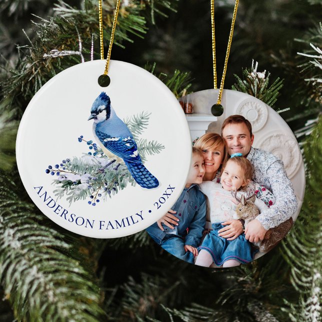 Winter Blue Jay Family Photo Christmas  Julgransprydnad Keramik (Skapare uppladdad)