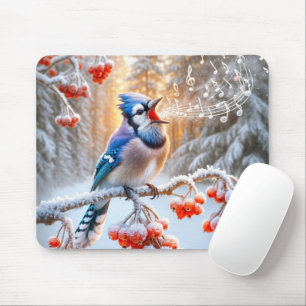 Winter Blue Jay Singing on Berry Träd Musmatta