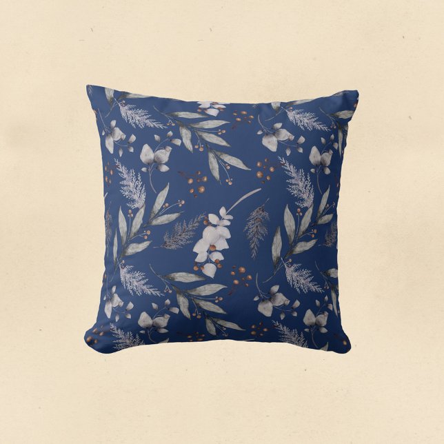 Winter Blue Löv Berries Gräs Festive Watercolor Kudde (Skapare uppladdad)