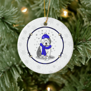 Winter Blue Old English Sheepdog Hund (Grått 1) Cu Julgransprydnad Keramik