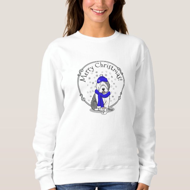 Winter Blue Old English Sheepdog Hund (Grått 1) Cu T Shirt (Framsida)