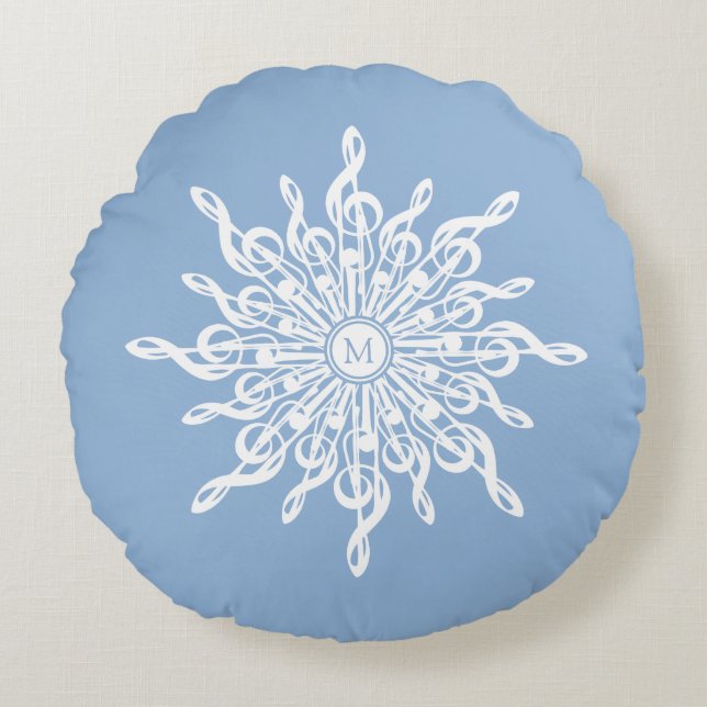 Winter Blue Ornamental Monogram G-Clef Snowflake Rund Kudde (Framsidan)