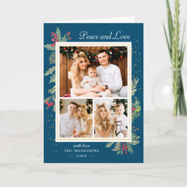 Winter Blue Peace and Kärlek Holly Berries 3 Photo Helgkort