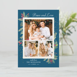 Winter Blue Peace and Kärlek Holly Berries 3 Photo Julkort