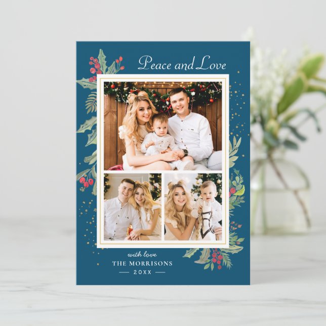 Winter Blue Peace and Kärlek Holly Berries 3 Photo Julkort (Stående Fram)