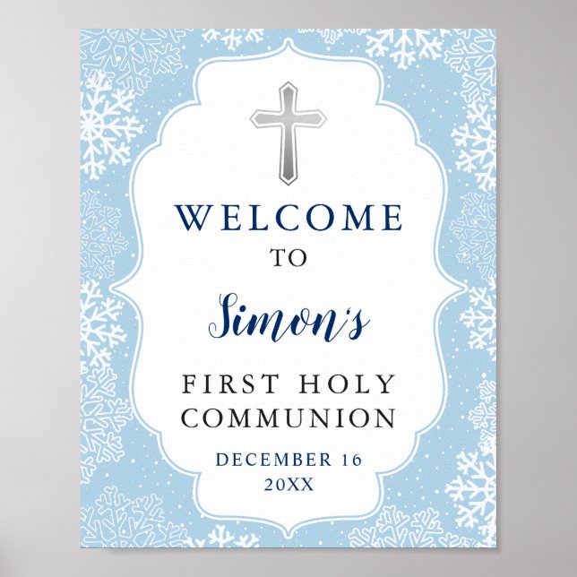 Winter Blue Snöflingor Boy First Heliga Communion Poster (Framsidan)
