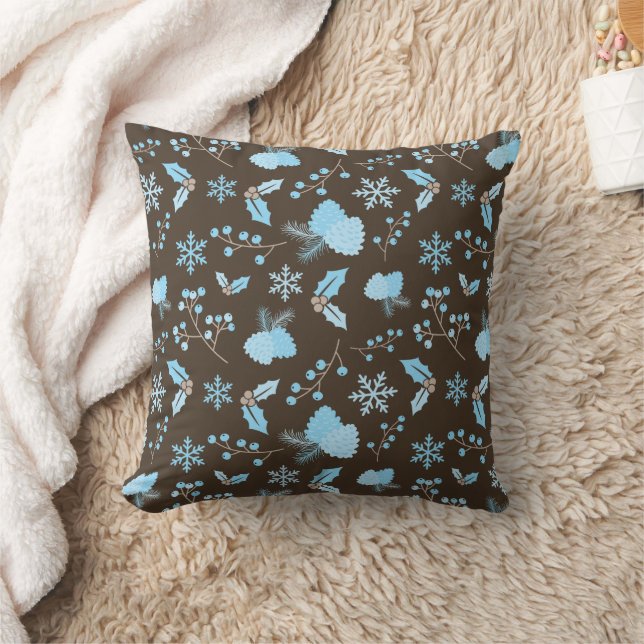 Winter Blue Snöflingor Mistletoe Pinecone Brown Kudde (Filt)