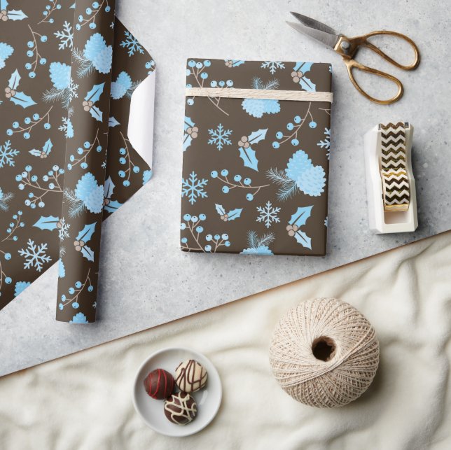 Winter Blue Snowflake Mistletoe Pinecone Seamless Presentpapper (Hantverk)