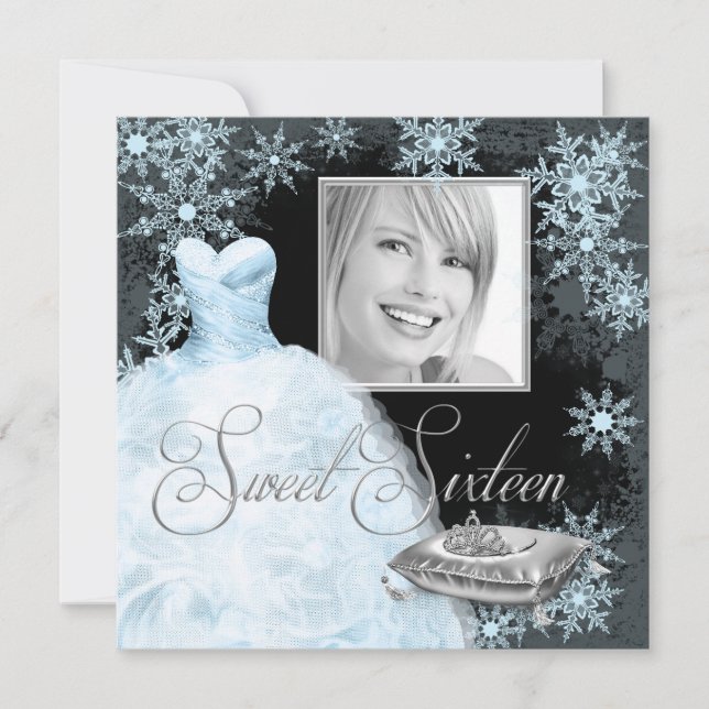 Winter Blue Snowflake Photo Sweet sixteen Party Inbjudningar (Framsida)