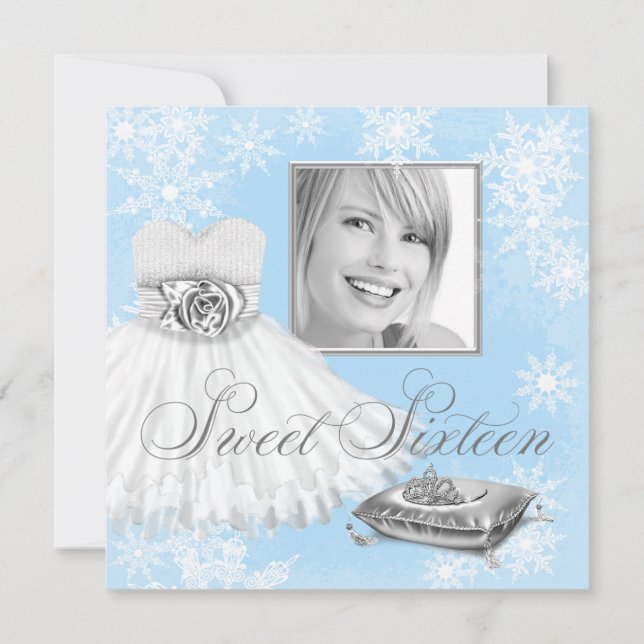 Winter Blue Snowflake Photo Sweet sixteen Party Inbjudningar (Framsida)