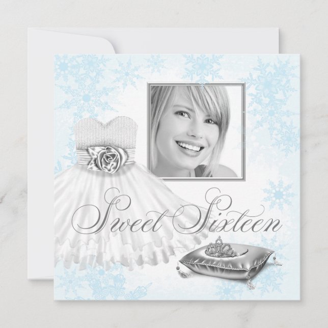 Winter Blue Snowflake Photo Sweet sixteen Party Inbjudningar (Framsida)