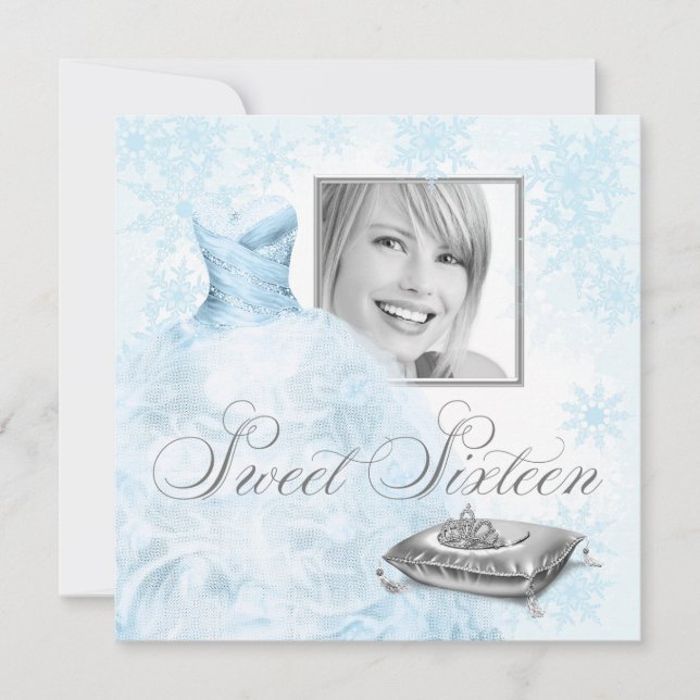 Winter Blue Snowflake Photo Sweet sixteen Party Inbjudningar (Framsida)