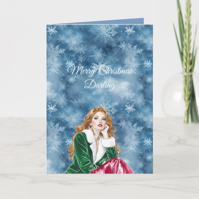 Winter Blue Snowflakes Christmas Red Head Girl Kort (Framsida)