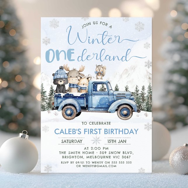 Winter Blue Woodland Truck Onederland 1st Birthday Inbjudningar (Winter Onederland Birthday Invitation, Winter Onederland - 1st Birthday Invitation Template, Truck)