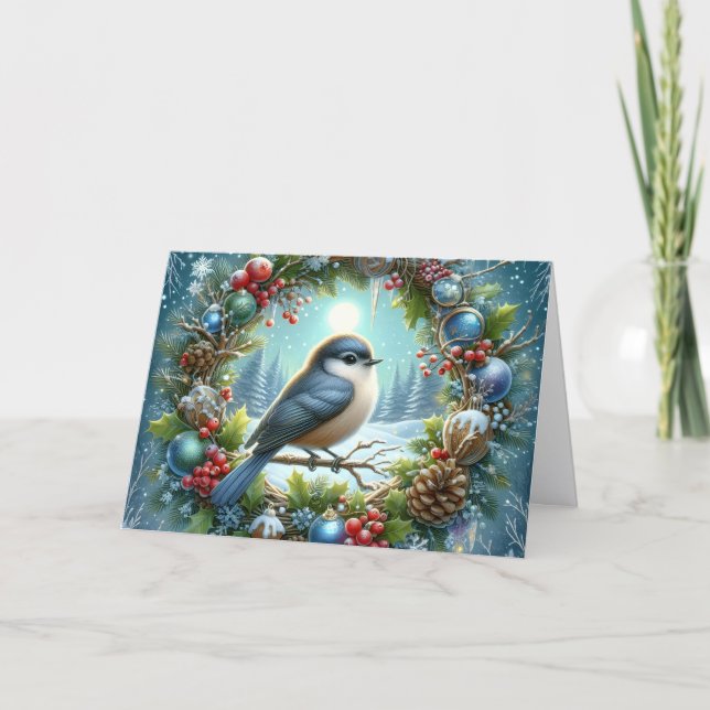 Winter Bluebird in Holiday Wreath Christmas Helgkort (Framsida)