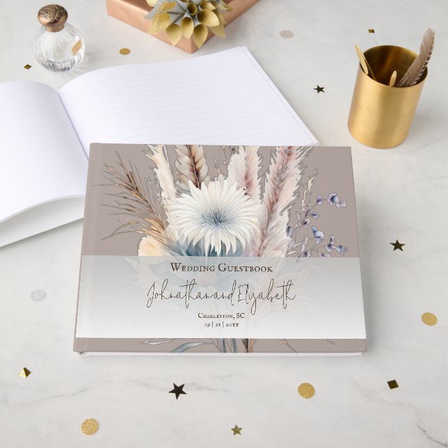 Winter Boho Blommigt Bröllop | Beige Guest Bok (Framsida Öppen)