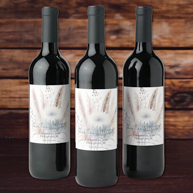 Winter Boho Blommigt Bröllop | Vit Vinflaska Etikett (White Winter Boho Floral Wedding Wine Labels)