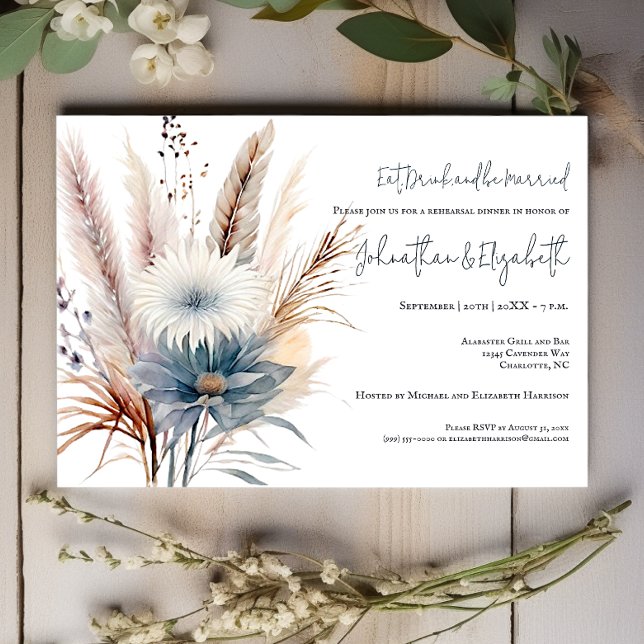 Winter Boho Blommigt | Vit rehearsal-middag Inbjudningar (White Winter Boho Floral Wedding Rehearsal Dinner Invitation)