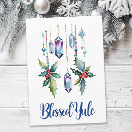 Winter Boho Blue Crystals & Holly Yule Solstice Kort