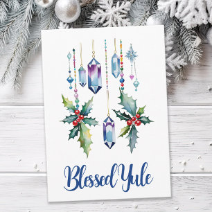 Winter Boho Blue Crystals & Holly Yule Solstice Kort