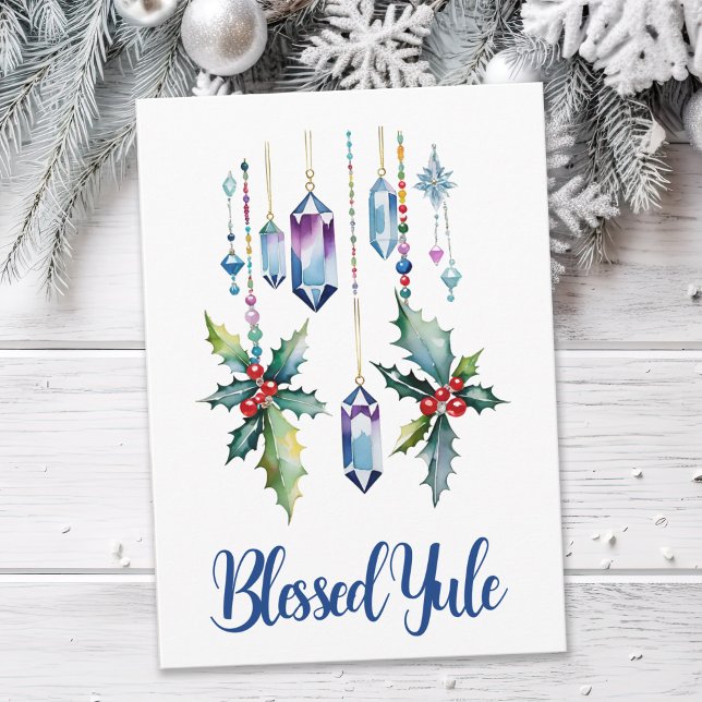 Winter Boho Blue Crystals & Holly Yule Solstice Kort (Skapare uppladdad)