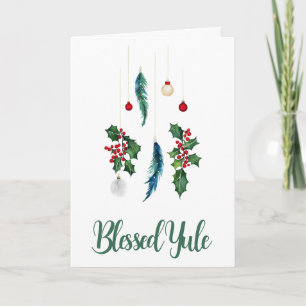 Winter Boho Blue Feathers & Holly Yule Solstice Kort
