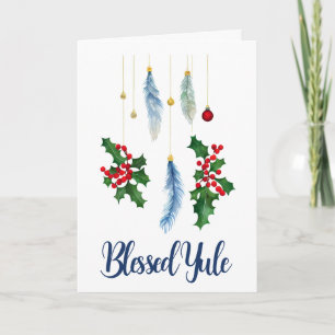 Winter Boho Blue Feathers & Holly Yule Solstice Kort