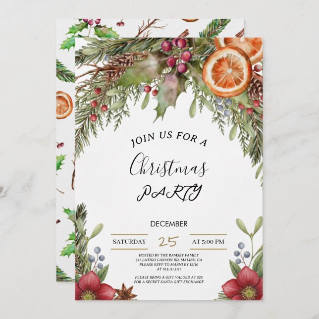 Winter Botanical Christmas Invite | Rustic Dinner  Inbjudningar (Fram/baksida)