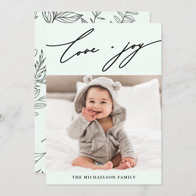 Winter Botanical Kärlek och Joy Script Photo Helgd Julkort (Fram/baksida)