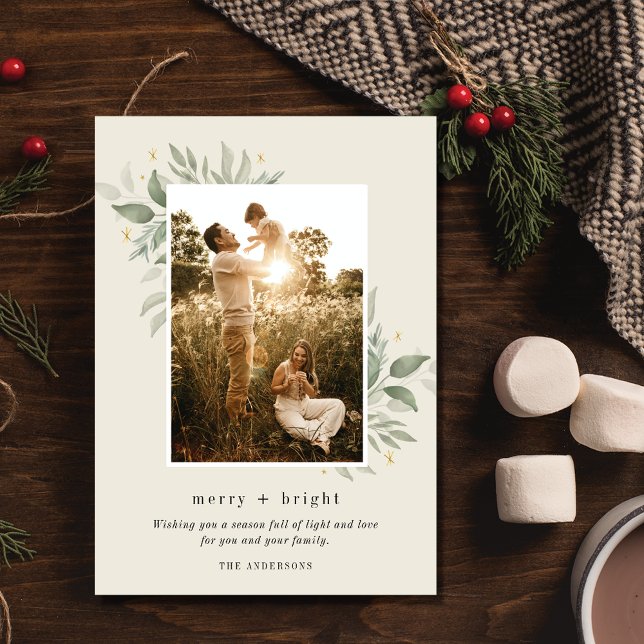 Winter Botanical Merry Bright Photo jul Julkort (Winter Botanical Merry Bright Photo Christmas Holiday Card)