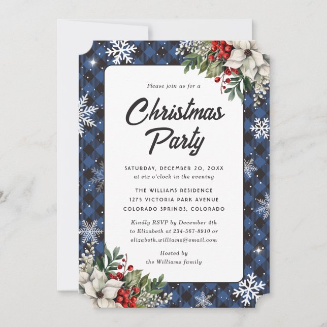 Winter Botanicals Blue Plaid Christmas Party Inbjudningar (Framsida)