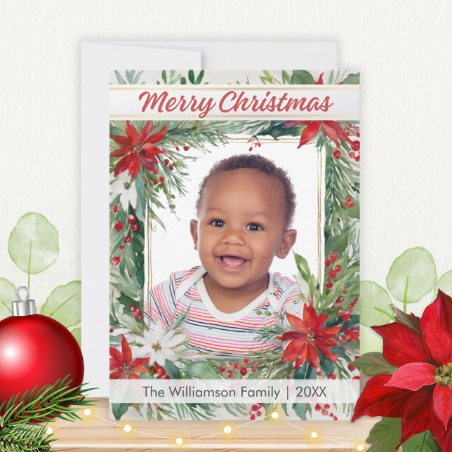 Winter Botanicals Festive Photo God jul Julkort (A Christmas card with botanical greenery, red and white poinsettia flowers and custom photo and name)