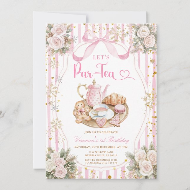 Winter Bow Let’s Par-tea Girl Birthday Snowflakes Inbjudningar (Framsida)