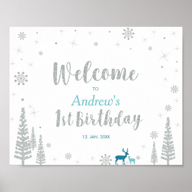 Winter Boy 1st Birthday Party Välkomstskylt Poster (Framsidan)
