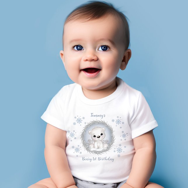 Winter Boy Beary 1:a födelsedag Cute Blue Polar Be T Shirt (Winter Boy Beary 1st Birthday Cute Blue Polar Bear Baby T-Shirt)