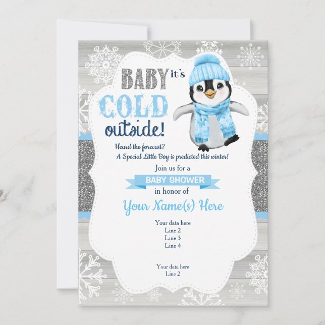 Winter Boy Penguin-inbjudan till Boy Baby Shower Inbjudningar (Framsida)