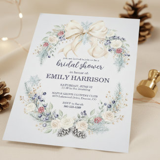 Winter Bridal Shower Invitation Cream Bow Floral Inbjudningar